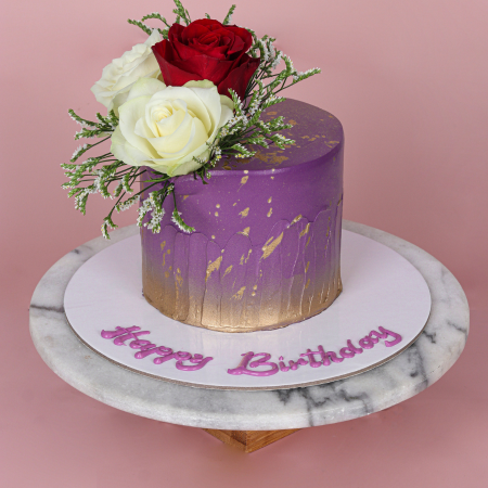 Golden Purple Flower Birthday Cake