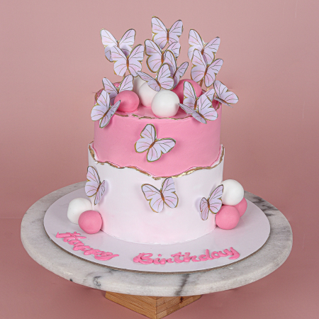 Pink and White Butterfly Birthday Cake