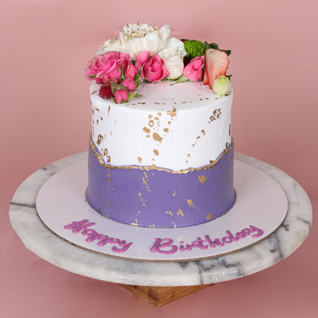 White Purple Flowers Birthday Cake
